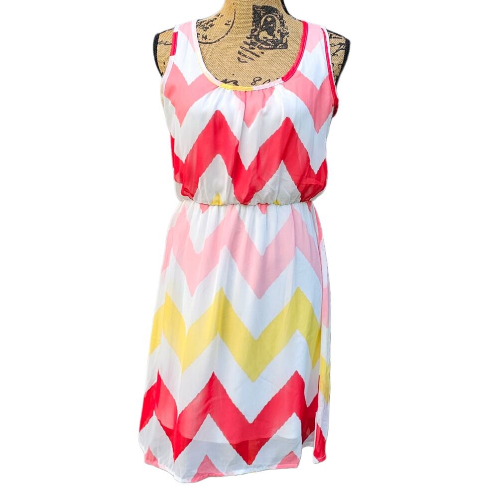 Size S Chevron Print Dress Sleeveless Keyhole Lightweight Sheer Bright Colors